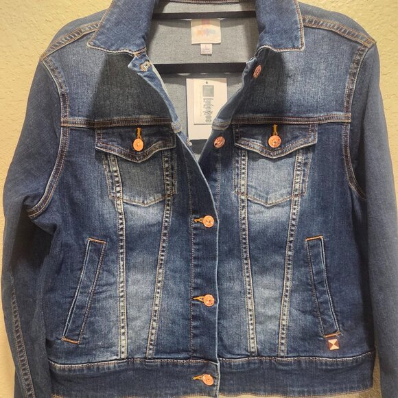 Denim Jacket Women's Size Large Cropped Stretch Long Sleeved Slit Pockets - Picture 2 of 16